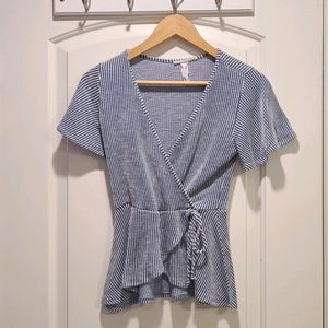 caution to the wind stripe wrap blouse